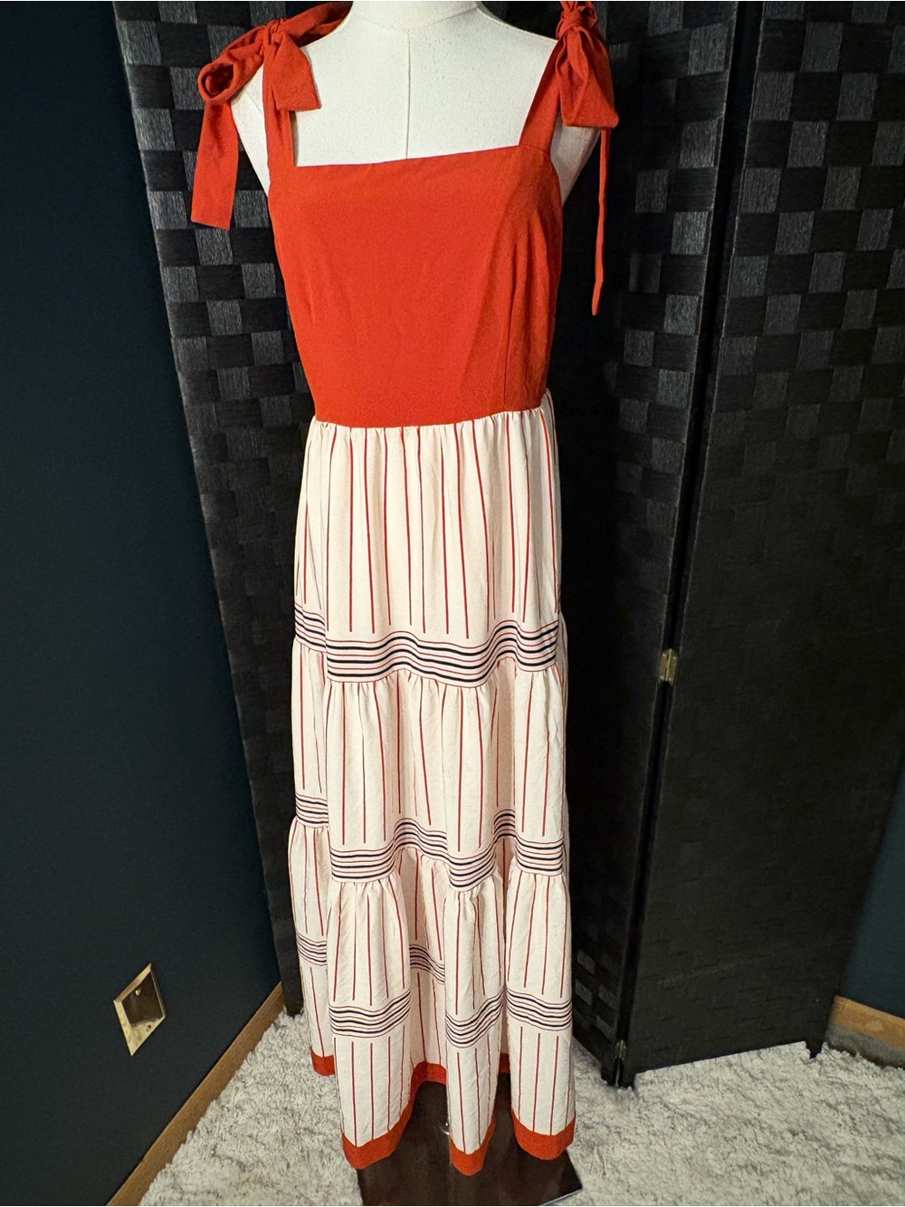 Red Tie-Shoulder Maxi Dress with Striped Cream Skirt